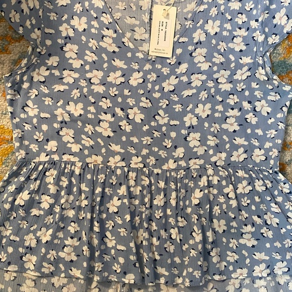 SOLD! NEW! Sim & Sam Dusty Blue Floral V-Neck Capped Sleeve Peplum Top M - Picture 8 of 15